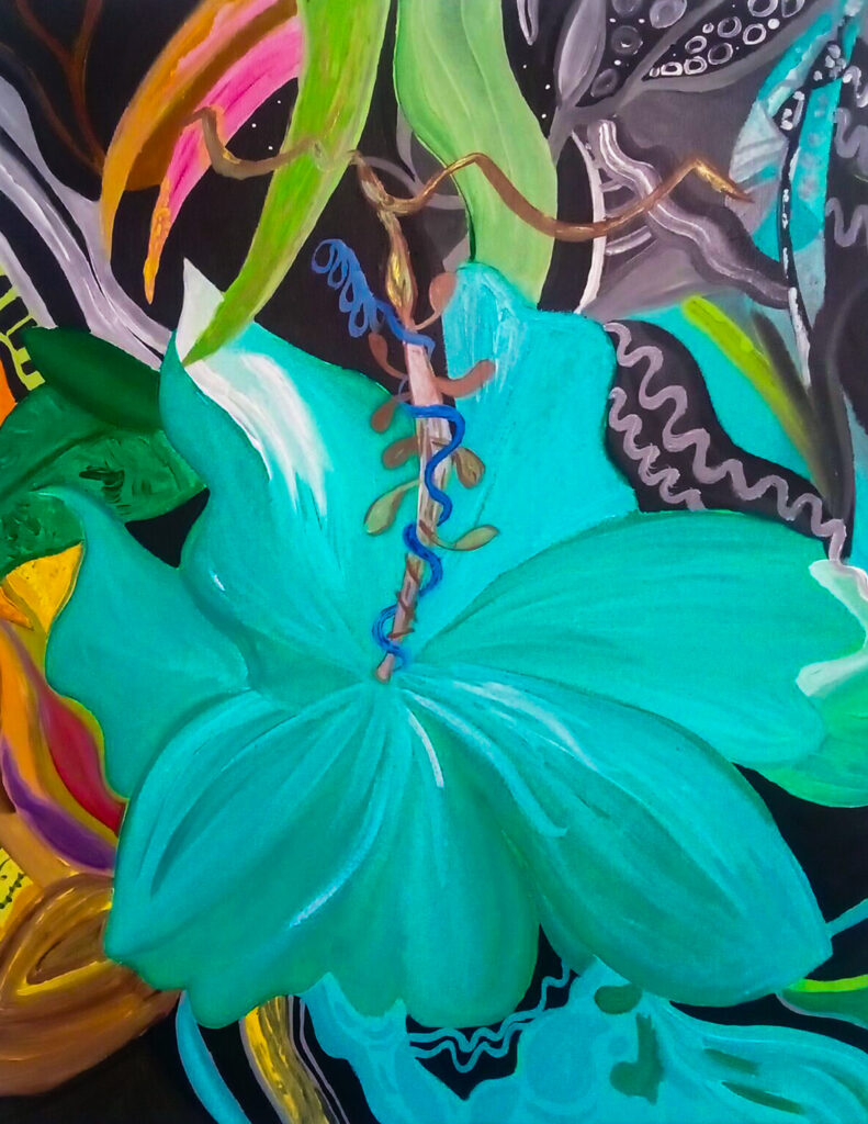 Wind Ma, “Salvaje Hibisco” (“Wild Hibiscus”), acrylic on canvas, original: $1500. Prints on alias-wind.framer.art.