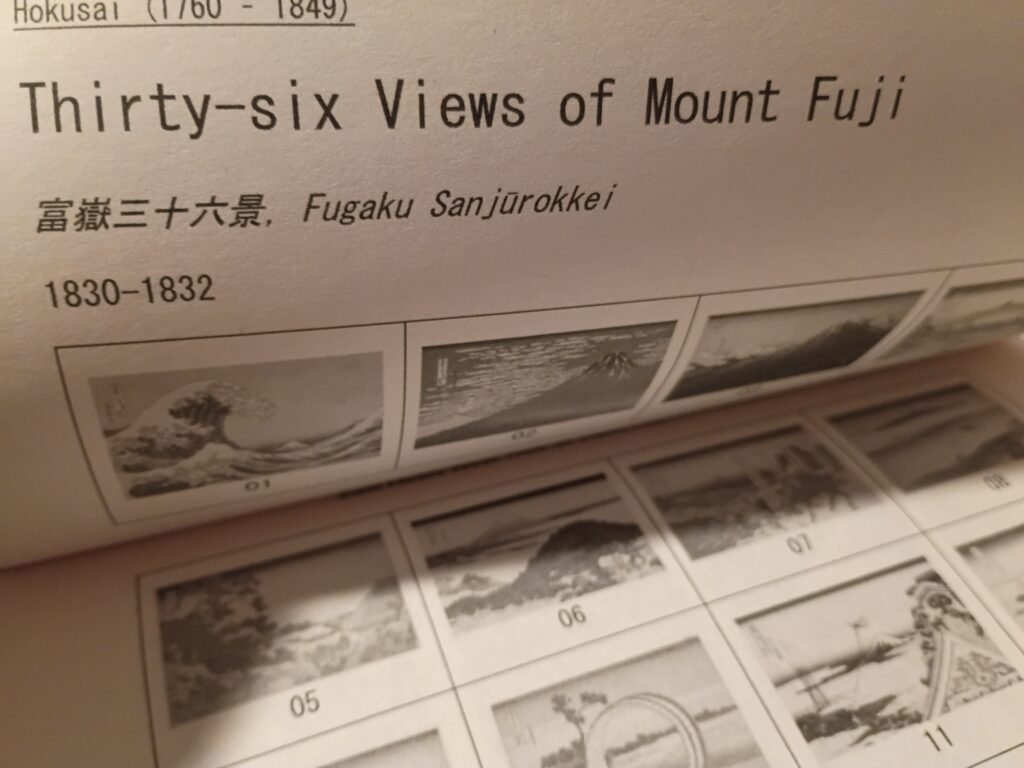 Table of thumbnails from "Thirty-six Views of Mount Fuji,” by Katsushika Hokusai, as displayed in the book, “East Meets West: How 36 Views Influenced Impressionism” by Robmarie Lopez. Available for purchase through Amazon (edicionesplumaverde.com/hoku36).